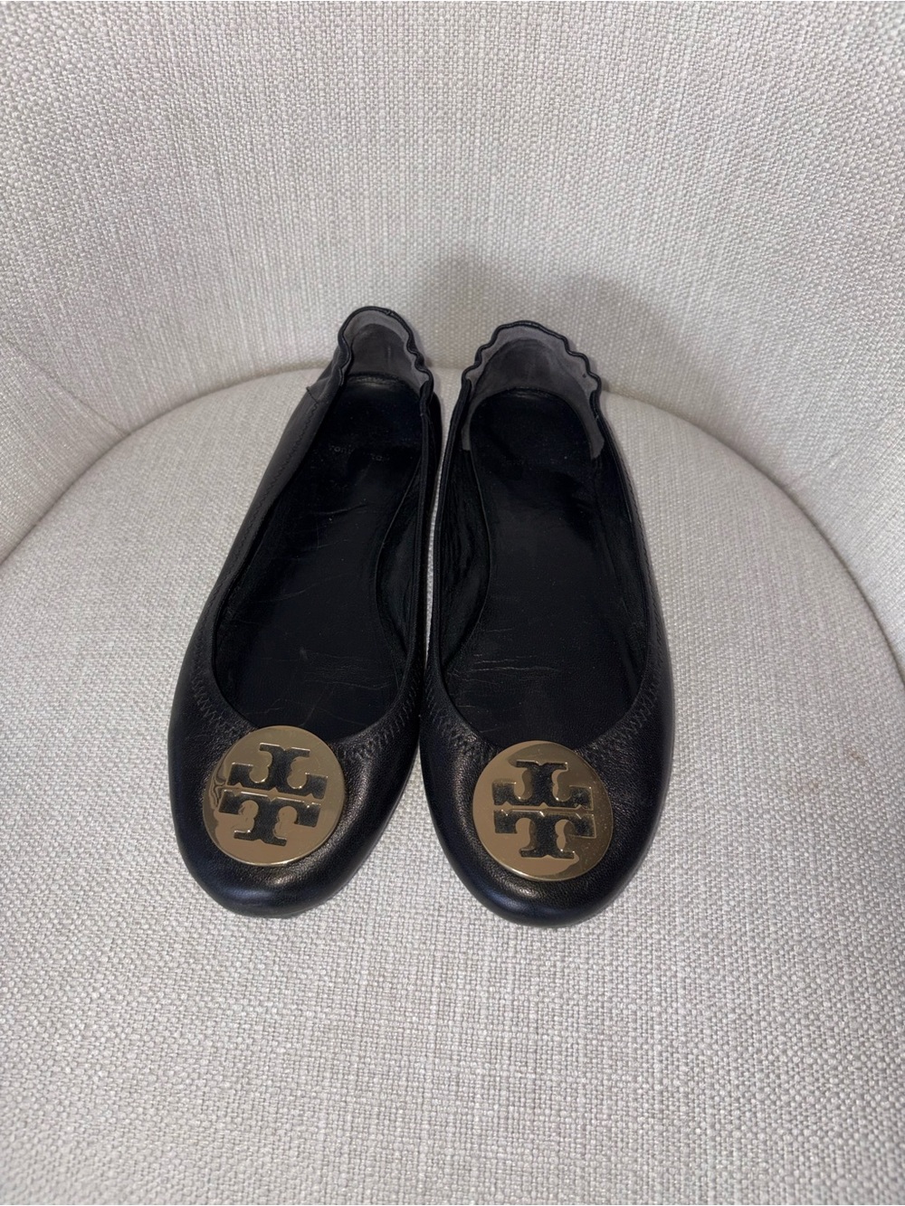 Tory Burch Black Leather Ballet Flats with Gold Logo Emblem